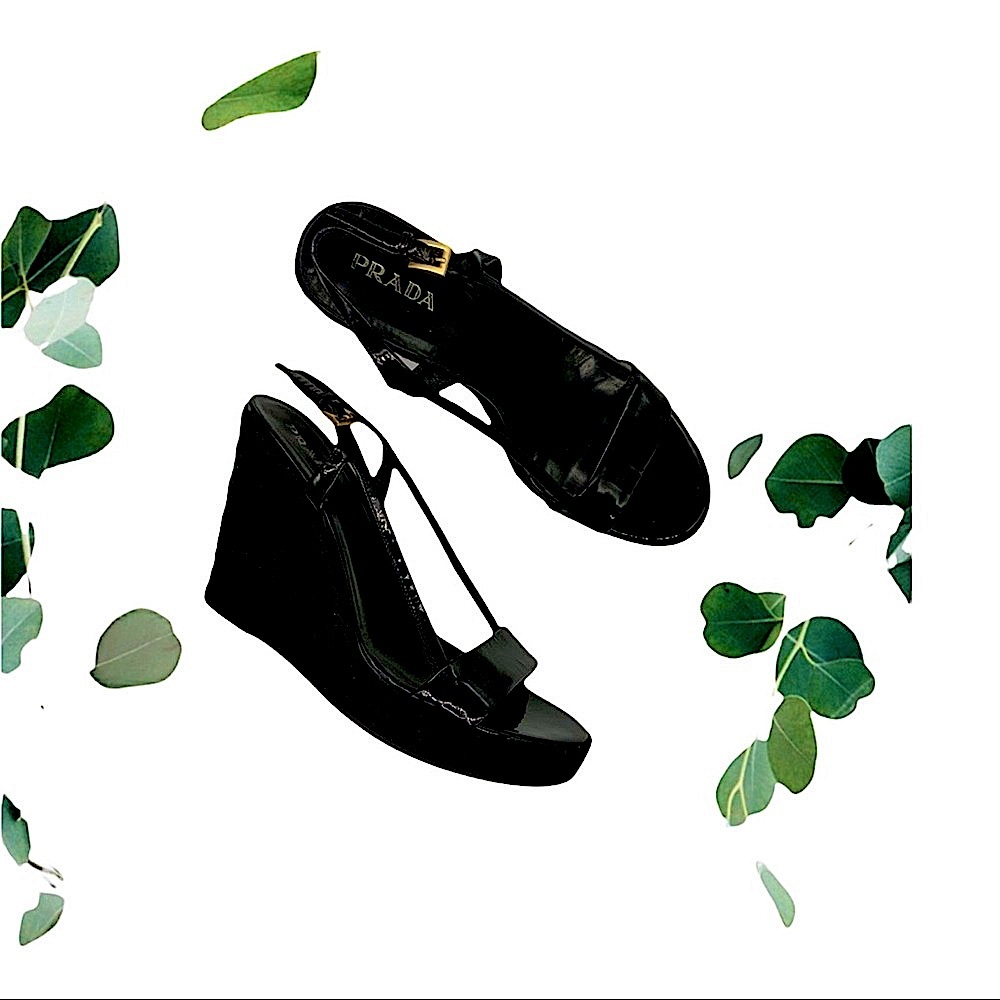Prada- Black Patent Leather Espadrille Wedges